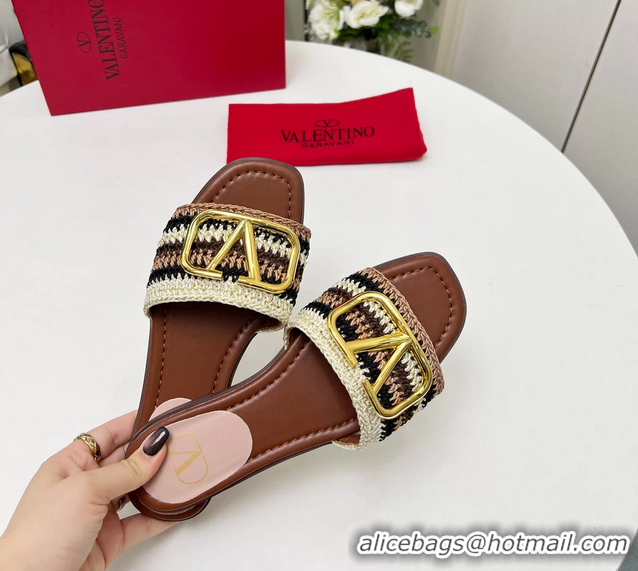 Original Cheap Valentino Vlogo Signature Flat Slip On Slides Sandals with Crochet Embroidery Brown 6060501