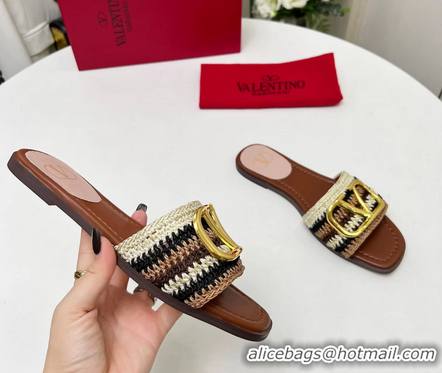 Original Cheap Valentino Vlogo Signature Flat Slip On Slides Sandals with Crochet Embroidery Brown 6060501