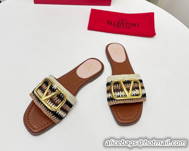 Original Cheap Valentino Vlogo Signature Flat Slip On Slides Sandals with Crochet Embroidery Brown 6060501
