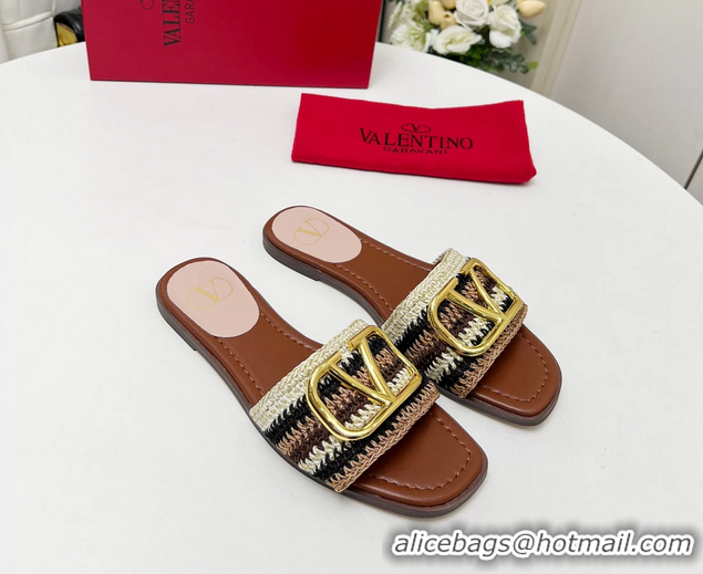 Original Cheap Valentino Vlogo Signature Flat Slip On Slides Sandals with Crochet Embroidery Brown 6060501