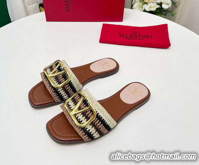 Original Cheap Valentino Vlogo Signature Flat Slip On Slides Sandals with Crochet Embroidery Brown 6060501
