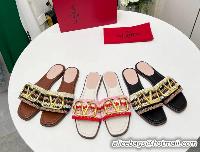 Original Cheap Valentino Vlogo Signature Flat Slip On Slides Sandals with Crochet Embroidery Brown 6060501