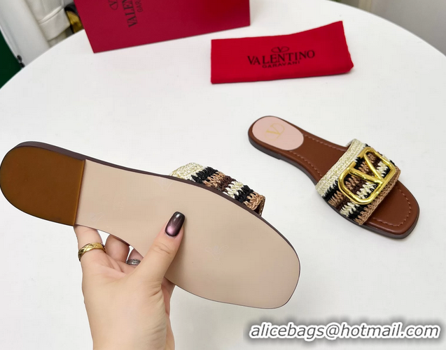 Original Cheap Valentino Vlogo Signature Flat Slip On Slides Sandals with Crochet Embroidery Brown 6060501