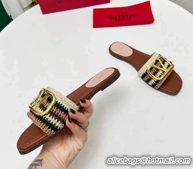 Original Cheap Valentino Vlogo Signature Flat Slip On Slides Sandals with Crochet Embroidery Brown 6060501