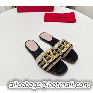 Well Crafted Valentino Vlogo Signature Flat Slip On Slides Sandals with Crochet Embroidery Black 6060501