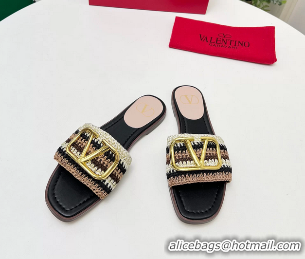 Well Crafted Valentino Vlogo Signature Flat Slip On Slides Sandals with Crochet Embroidery Black 6060501