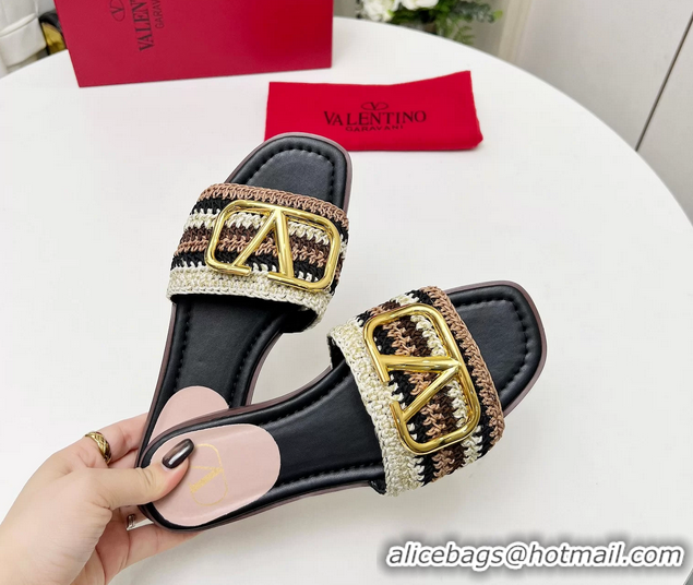 Well Crafted Valentino Vlogo Signature Flat Slip On Slides Sandals with Crochet Embroidery Black 6060501