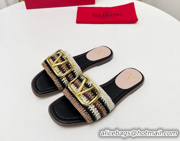 Well Crafted Valentino Vlogo Signature Flat Slip On Slides Sandals with Crochet Embroidery Black 6060501