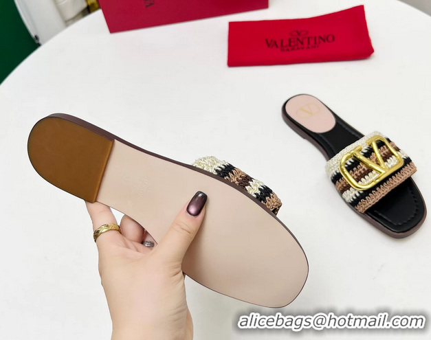 Well Crafted Valentino Vlogo Signature Flat Slip On Slides Sandals with Crochet Embroidery Black 6060501