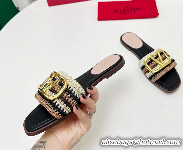 Well Crafted Valentino Vlogo Signature Flat Slip On Slides Sandals with Crochet Embroidery Black 6060501