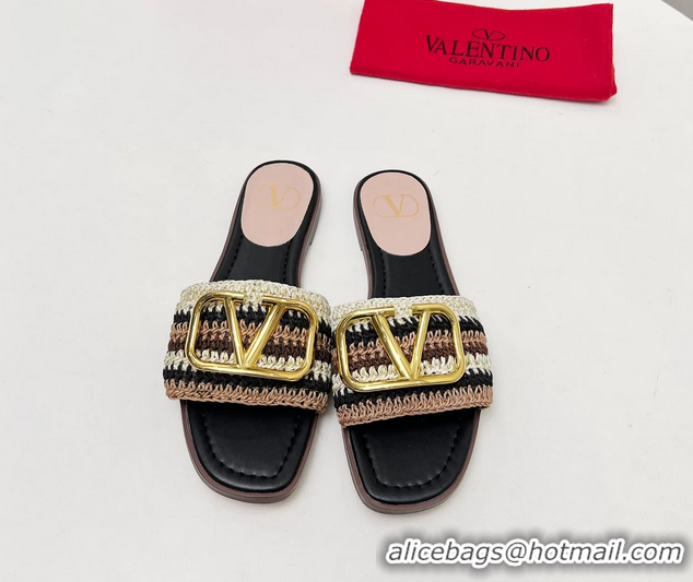 Well Crafted Valentino Vlogo Signature Flat Slip On Slides Sandals with Crochet Embroidery Black 6060501