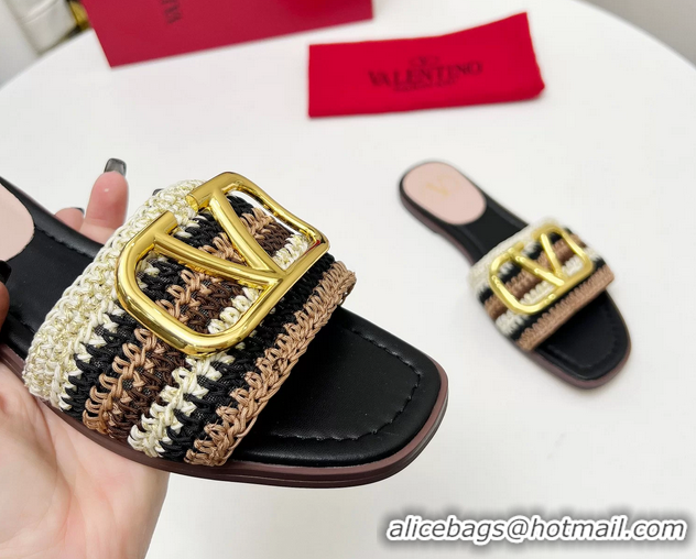 Well Crafted Valentino Vlogo Signature Flat Slip On Slides Sandals with Crochet Embroidery Black 6060501