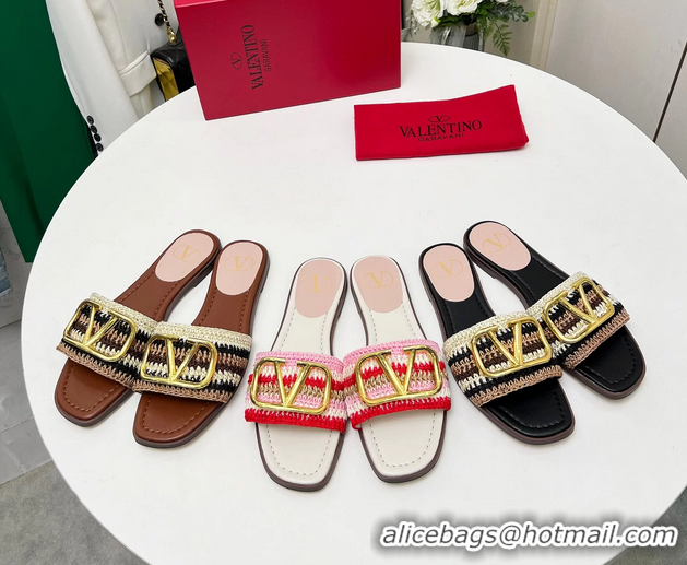 Well Crafted Valentino Vlogo Signature Flat Slip On Slides Sandals with Crochet Embroidery Black 6060501