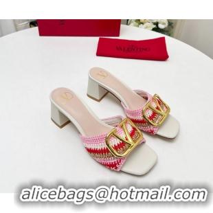 Fashion Valentino Vlogo Signature Heeled Slip On Slides Sandals with Crochet Embroidery Pink 6060502