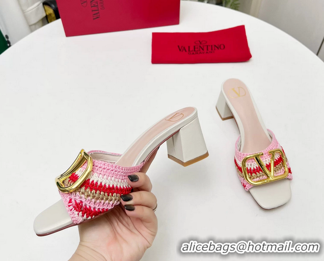 Fashion Valentino Vlogo Signature Heeled Slip On Slides Sandals with Crochet Embroidery Pink 6060502