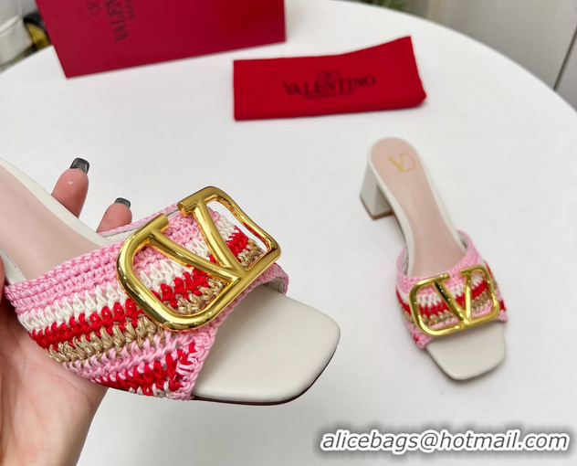 Fashion Valentino Vlogo Signature Heeled Slip On Slides Sandals with Crochet Embroidery Pink 6060502