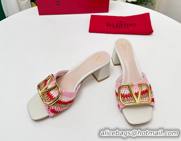 Fashion Valentino Vlogo Signature Heeled Slip On Slides Sandals with Crochet Embroidery Pink 6060502