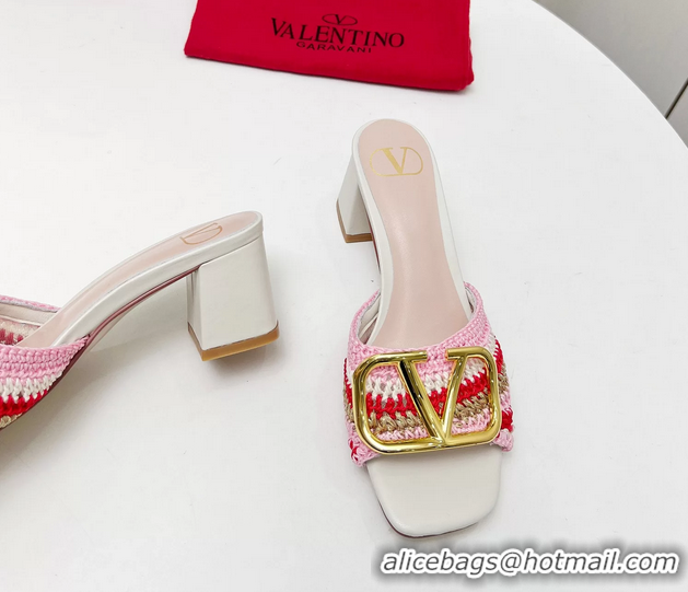 Fashion Valentino Vlogo Signature Heeled Slip On Slides Sandals with Crochet Embroidery Pink 6060502