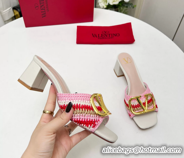 Fashion Valentino Vlogo Signature Heeled Slip On Slides Sandals with Crochet Embroidery Pink 6060502