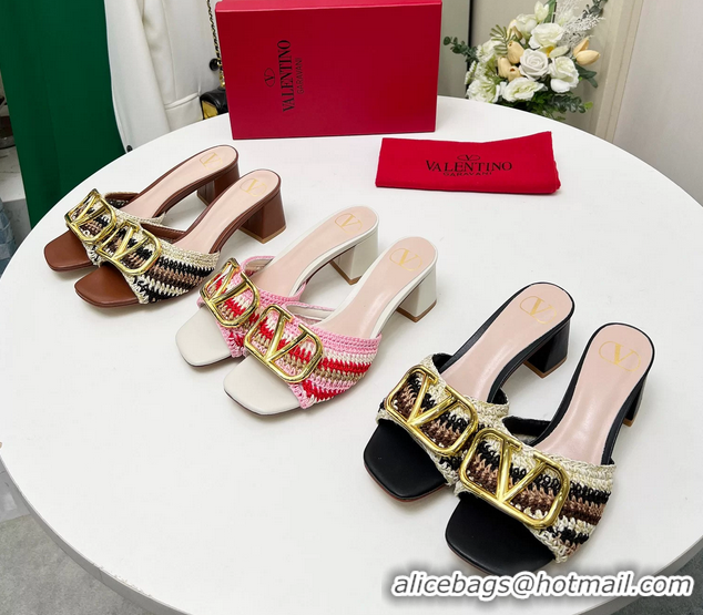 Fashion Valentino Vlogo Signature Heeled Slip On Slides Sandals with Crochet Embroidery Pink 6060502