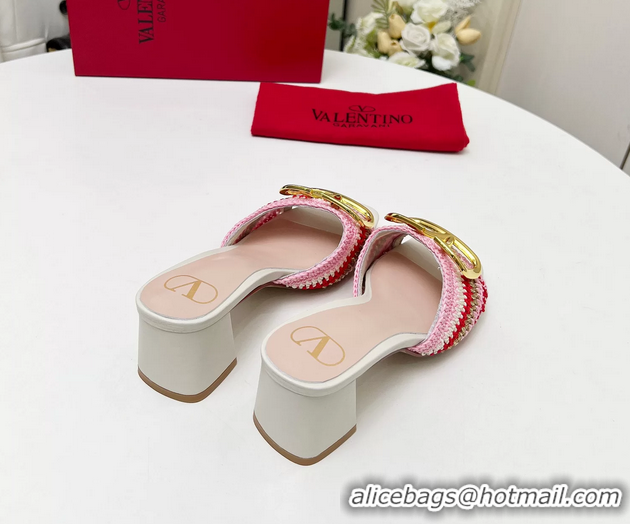 Fashion Valentino Vlogo Signature Heeled Slip On Slides Sandals with Crochet Embroidery Pink 6060502
