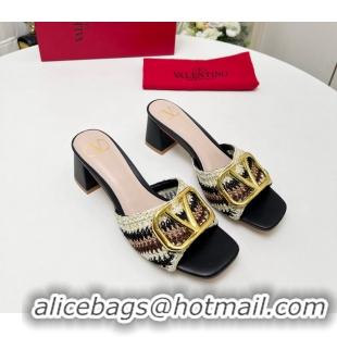 Fashion Valentino Vlogo Signature Heeled Slip On Slides Sandals with Crochet Embroidery Pink 6060502