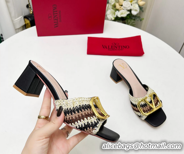 Fashion Valentino Vlogo Signature Heeled Slip On Slides Sandals with Crochet Embroidery Pink 6060502