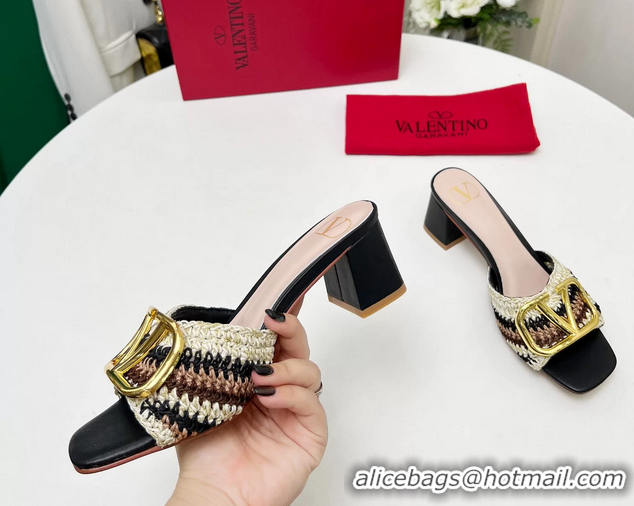 Fashion Valentino Vlogo Signature Heeled Slip On Slides Sandals with Crochet Embroidery Pink 6060502