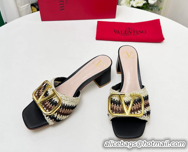 Fashion Valentino Vlogo Signature Heeled Slip On Slides Sandals with Crochet Embroidery Pink 6060502