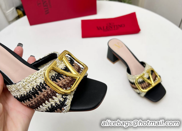 Fashion Valentino Vlogo Signature Heeled Slip On Slides Sandals with Crochet Embroidery Pink 6060502