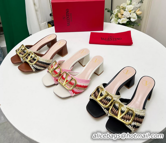 Fashion Valentino Vlogo Signature Heeled Slip On Slides Sandals with Crochet Embroidery Pink 6060502