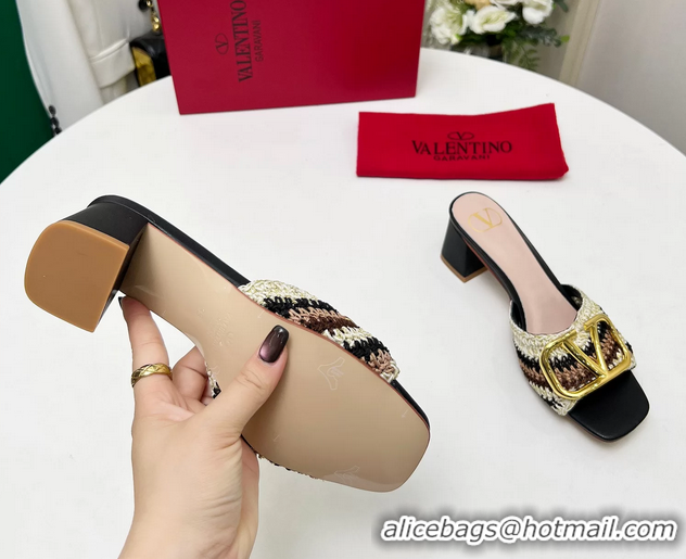 Fashion Valentino Vlogo Signature Heeled Slip On Slides Sandals with Crochet Embroidery Pink 6060502