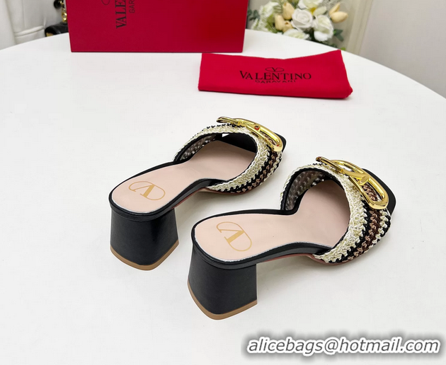 Fashion Valentino Vlogo Signature Heeled Slip On Slides Sandals with Crochet Embroidery Pink 6060502