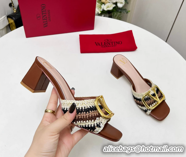 Low Price Valentino Vlogo Signature Heeled Slip On Slides Sandals with Crochet Embroidery Brown 6060502