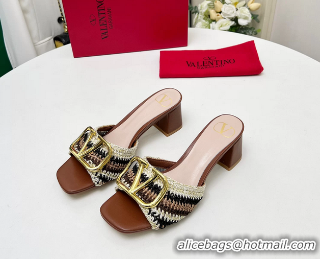 Low Price Valentino Vlogo Signature Heeled Slip On Slides Sandals with Crochet Embroidery Brown 6060502
