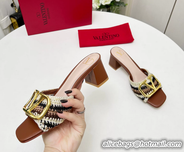 Low Price Valentino Vlogo Signature Heeled Slip On Slides Sandals with Crochet Embroidery Brown 6060502