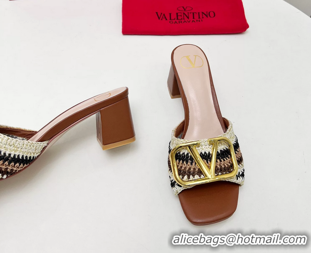 Low Price Valentino Vlogo Signature Heeled Slip On Slides Sandals with Crochet Embroidery Brown 6060502