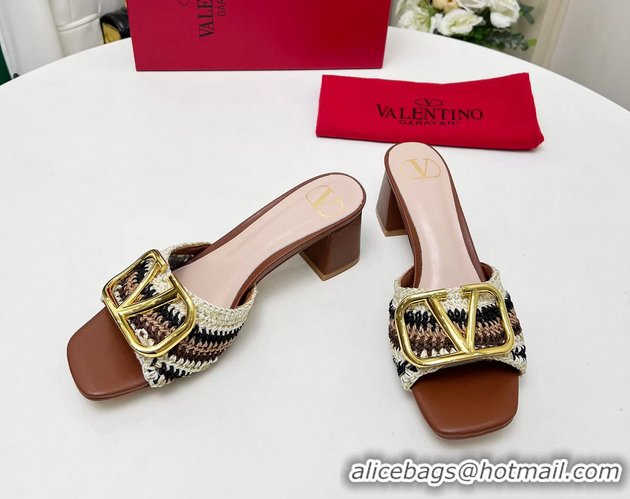 Low Price Valentino Vlogo Signature Heeled Slip On Slides Sandals with Crochet Embroidery Brown 6060502