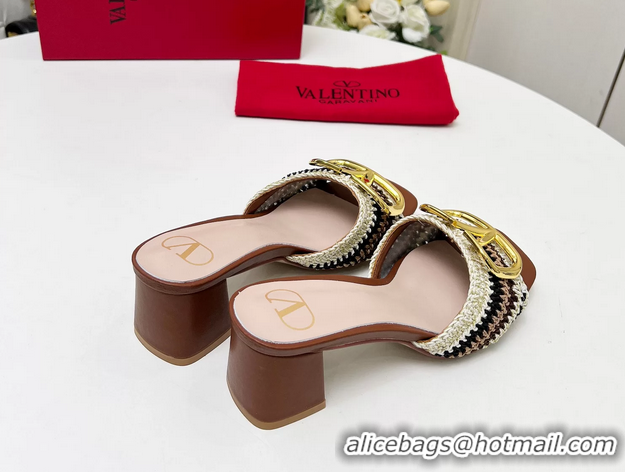 Low Price Valentino Vlogo Signature Heeled Slip On Slides Sandals with Crochet Embroidery Brown 6060502