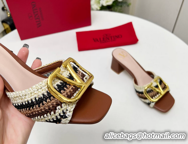 Low Price Valentino Vlogo Signature Heeled Slip On Slides Sandals with Crochet Embroidery Brown 6060502