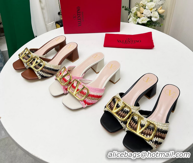 Low Price Valentino Vlogo Signature Heeled Slip On Slides Sandals with Crochet Embroidery Brown 6060502