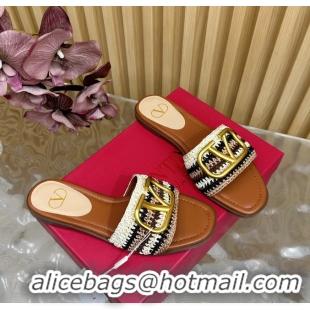 Trendy Design Valentino Vlogo Signature Flat Slides Sandals with Cotton Crochet Embroidered 6060504