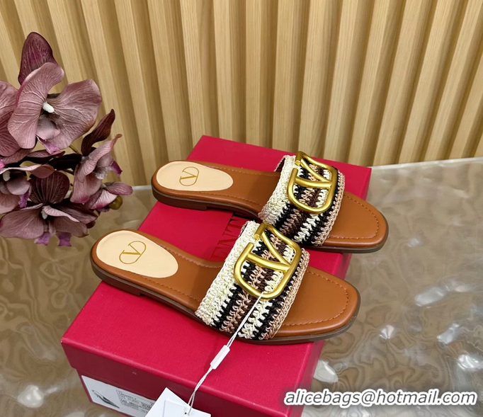 Trendy Design Valentino Vlogo Signature Flat Slides Sandals with Cotton Crochet Embroidered 6060504