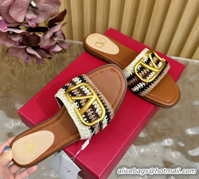 Trendy Design Valentino Vlogo Signature Flat Slides Sandals with Cotton Crochet Embroidered 6060504