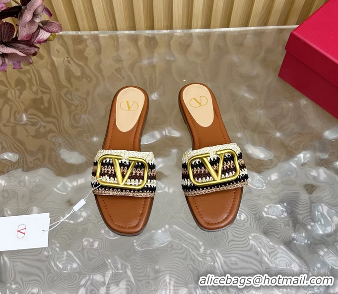 Trendy Design Valentino Vlogo Signature Flat Slides Sandals with Cotton Crochet Embroidered 6060504