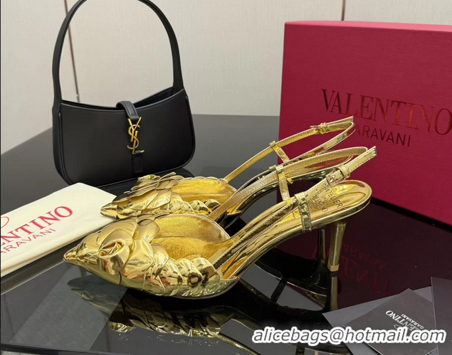 Traditional Discount Valentino Atelier Gold Metallic Leather Rose Edition Slingback Pumps 6060505