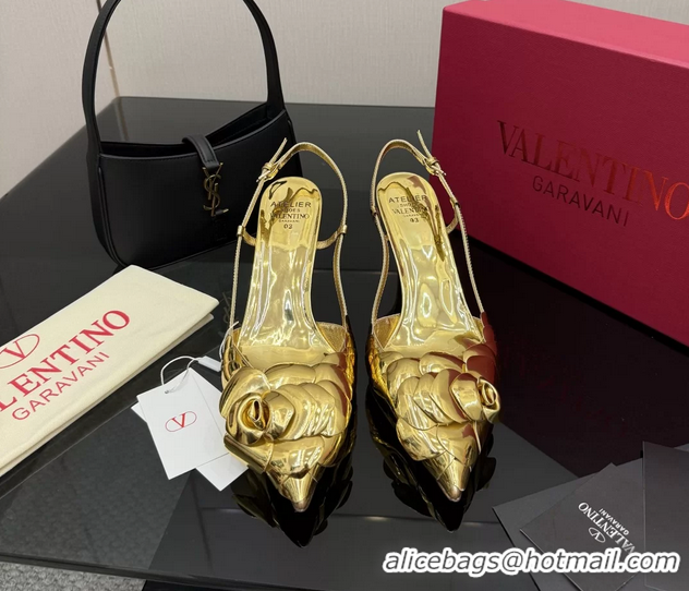 Traditional Discount Valentino Atelier Gold Metallic Leather Rose Edition Slingback Pumps 6060505