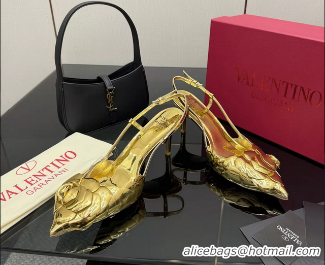 Traditional Discount Valentino Atelier Gold Metallic Leather Rose Edition Slingback Pumps 6060505