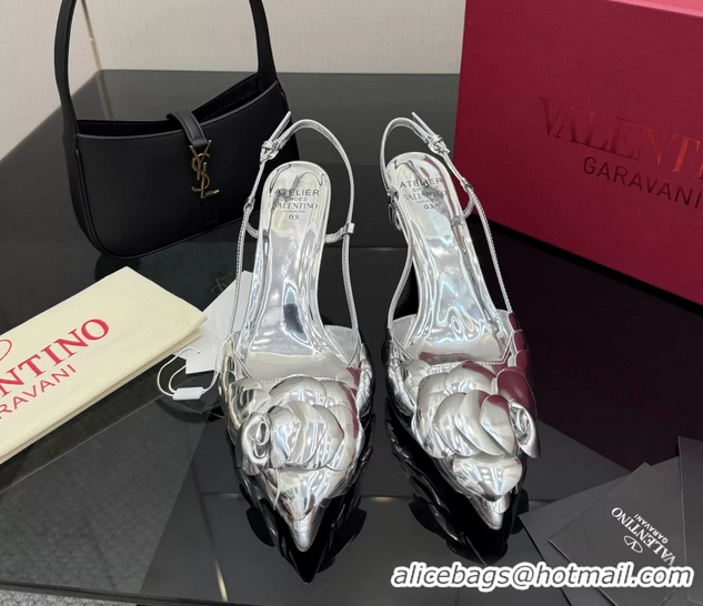 Crafted Valentino Atelier Silver Metallic Leather Rose Edition Slingback Pumps 6060505