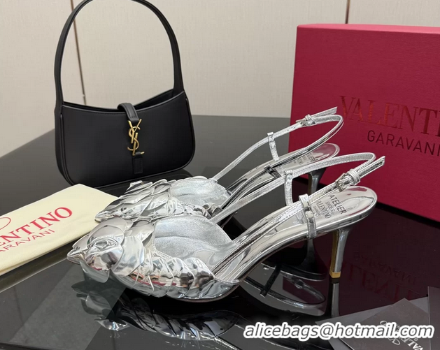 Crafted Valentino Atelier Silver Metallic Leather Rose Edition Slingback Pumps 6060505